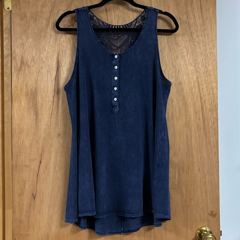 ANTHROPOLOGIE Eri+Ali Navy Crochet Lace Back SLEEVELESS TOP! Boho A-Line Cotton